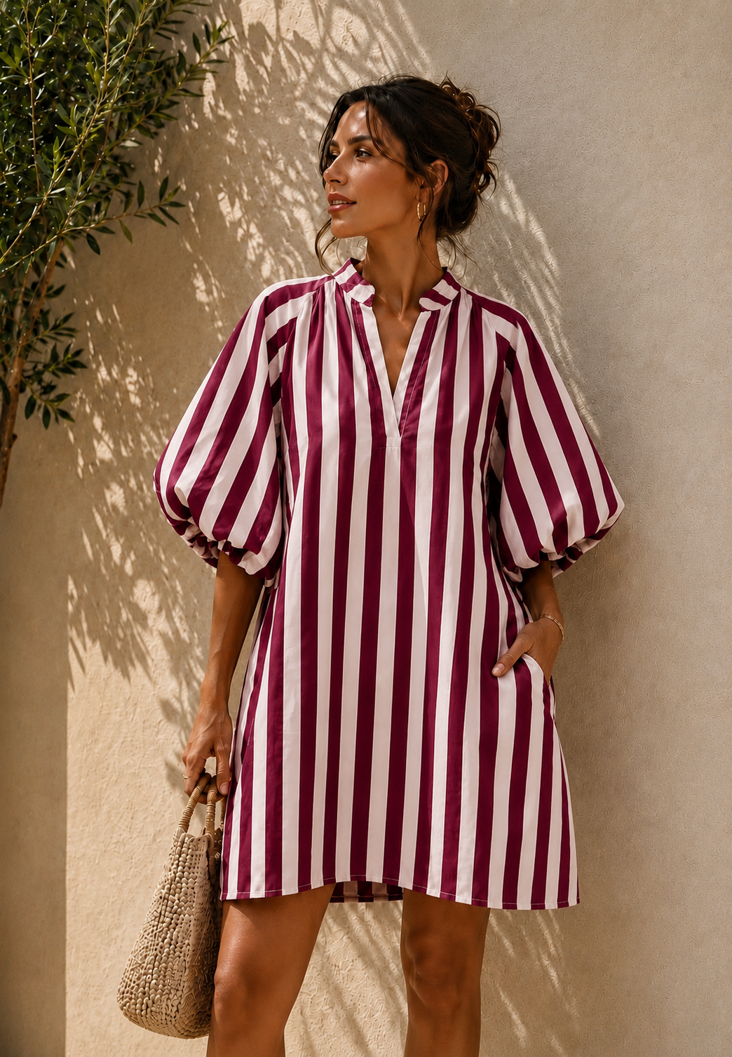 Robe rayune tunique manche bouffante poche